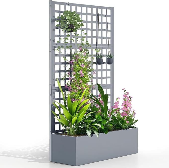 Outsunny Galvanized Raised Garden Bed with Trellis, Metal Planter Box with Drainage Holes, Outdoor Privacy Screen for Climbing Plants, Vegetable, Vines, 43" x 16" x 70", Gray Wood Effect