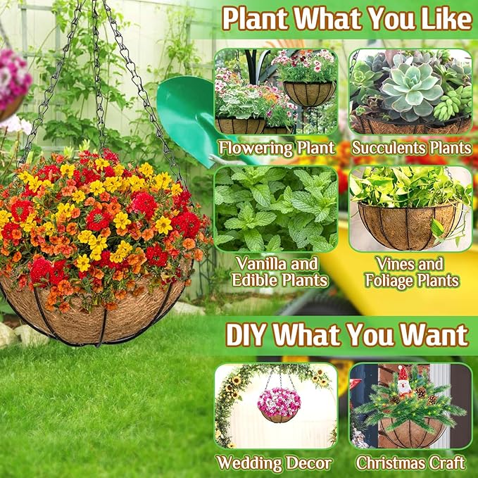 ZeeDix 12 Inch Hanging Baskets for Plants Outdoor - 3 Pack Hanging Planters with Coconut Liners, Metal Round Hanging Planter for Flowers Vegetables