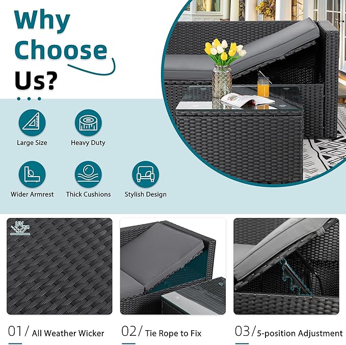3-Piece Outdoor Patio Sectional Sofa Set with Glass Coffee Table & Ottoman — All-Weather PE Rattan Conversation Furniture, Black Rattan & Grey Cushions, Perfect for Garden, Backyard, Deck, Grey