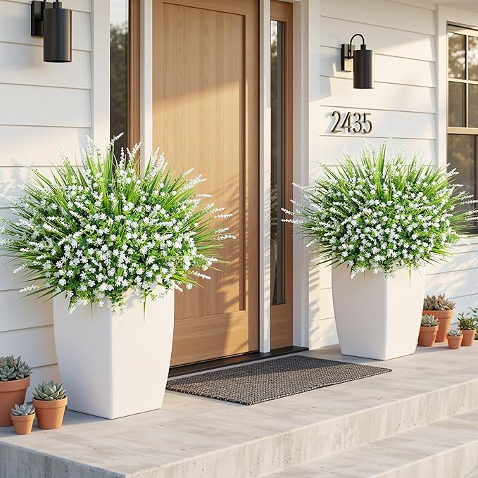 HyeFlora 20 Bundles Artificial Fake Outdoor Plants Flowers for Spring Decoration, UV Resistant Realistic White Plastic Flowers Faux Plant Monkey Grass for Planter Home Garden Porch Patio Window Box