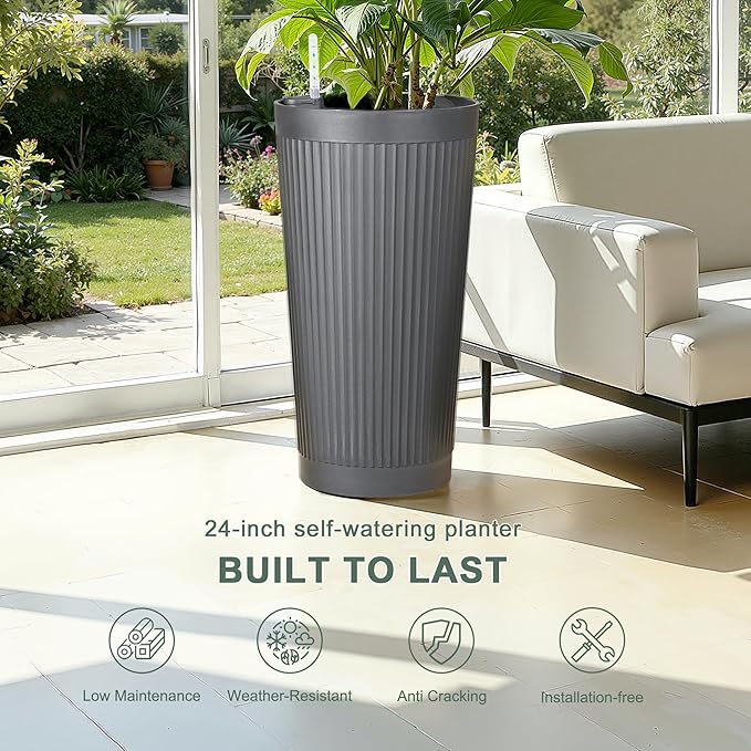 24" Large Planter Set of 2, Self Watering Tall Plastic Planters for Outdoor Plants, Modern Flower Pots Planter Outdoor for Patio, Front Door Decor, with Drainage (Gray Ribbed)