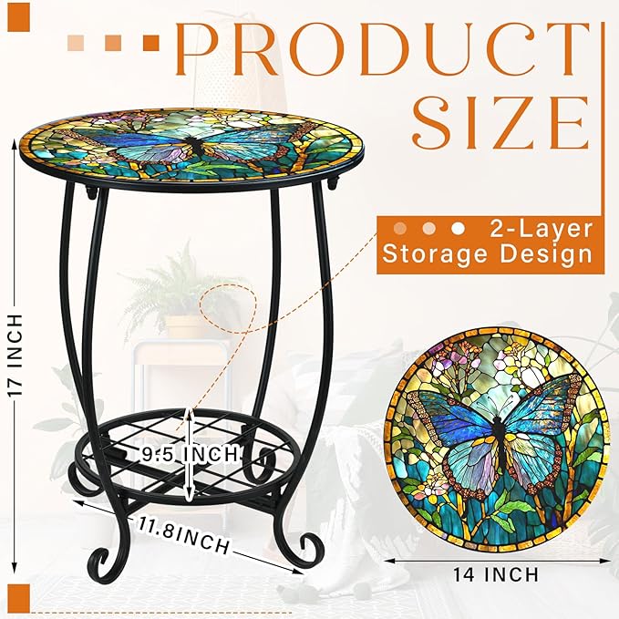 Outdoor Side Table Round Small Mosaic Patio Accent Indoor End Plant Coffee Tea Table for Yard Patio Porch Garden Living Room, Bedroom(Butterfly Style,14 Inch)