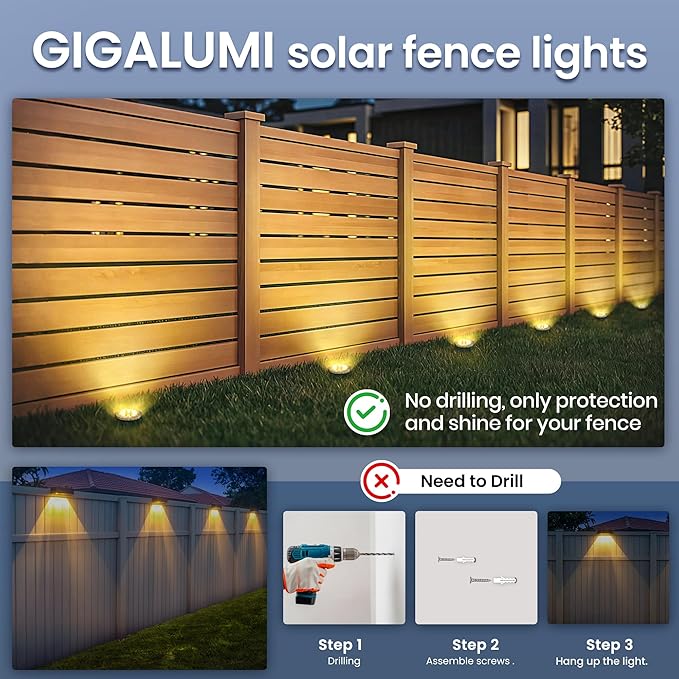 GIGALUMI Solar Ground Lights - No-Drill Fence Lighting Solution, Waterproof Perimeter Lights Compatible with Wood, Metal & Concrete Fences (20 Pack Warm White)