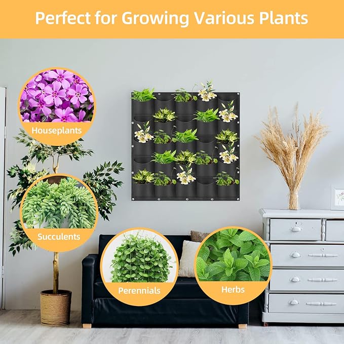 Hanging Planting Grow Bags, 25 Pockets Hanging Vertical Wall Planter Wall Mounted Grow Bag Outdoor Indoor Gardening Vertical Greening Flower Container, Planting Bags Storage Bags(1.0 m × 1.0 m, Black)