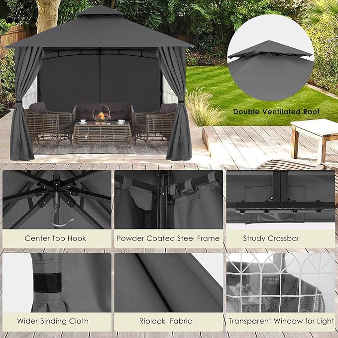 MASTERCANOPY Patio Gazebo Steel Frame Outdoor Gazebo with Windows Curtains (10x12,Dark Gray)