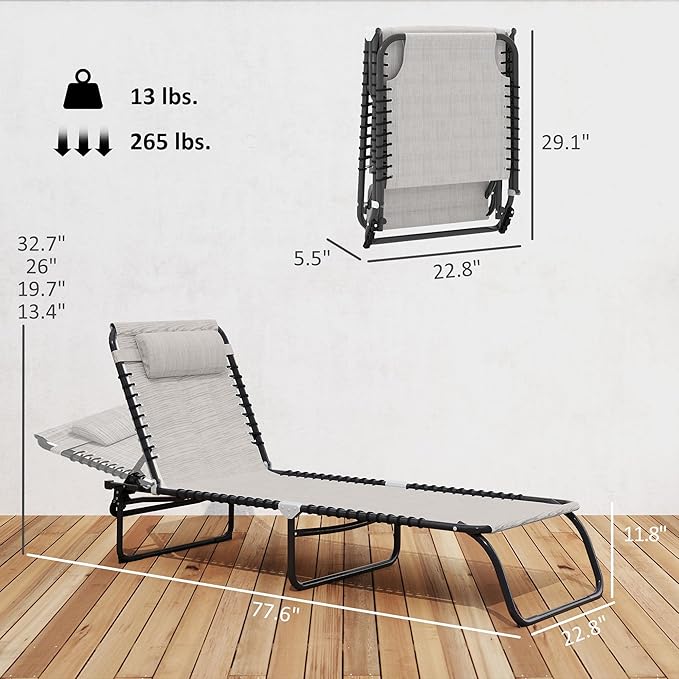 Outsunny Folding Chaise Lounge Chair, Patio Sun Tanning Chair, Outdoor Chaise Lounger with 4-Position Reclining Back, Breathable Mesh Seat for Beach, Poolside, Yard, Cream White