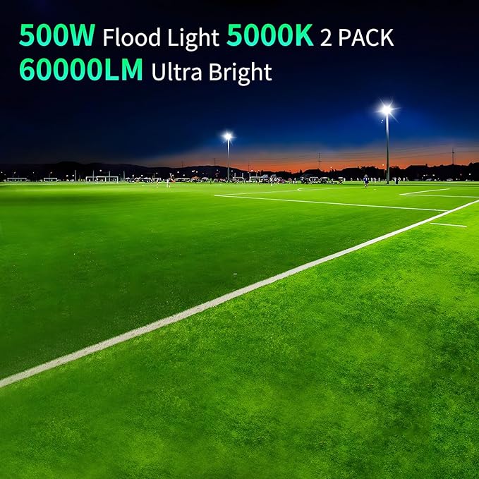 500W LED Flood Light Outdoor with Plug+10ft Cable, 60000LM Ultra Brighter 5000K Exterior Security Light, IP66 Waterproof Commercial Lighting for Sports Fields Counts Arena Stadium(2 Pack)
