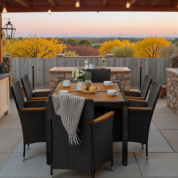 Greesum 7 Pieces Outdoor Patio Dining Set, Conversation Sets with 1 Table and 6 Rattan Chairs with Curved Acacia Wooden Armrests and Cushions, Black