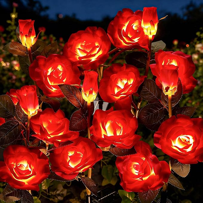 Brightown Outdoor Solar Flower Lights, 4 Pack Solar Garden Light with Larger & More Realistic Red Rose, Bigger Solar Panel, Waterproof Solar Lights Outdoor for Yard Garden Lawn Pathway Decoration