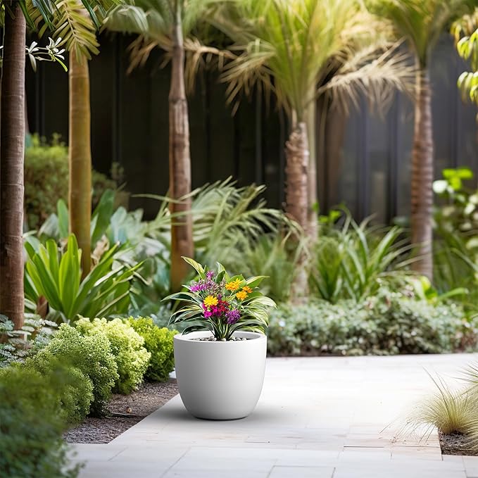 Kante 14 Inch Dia Round Concrete Planter, Indoor Outdoor Large Plant Pot with Drainage Hole and Rubber Plug for Home Patio Garden, Pure White