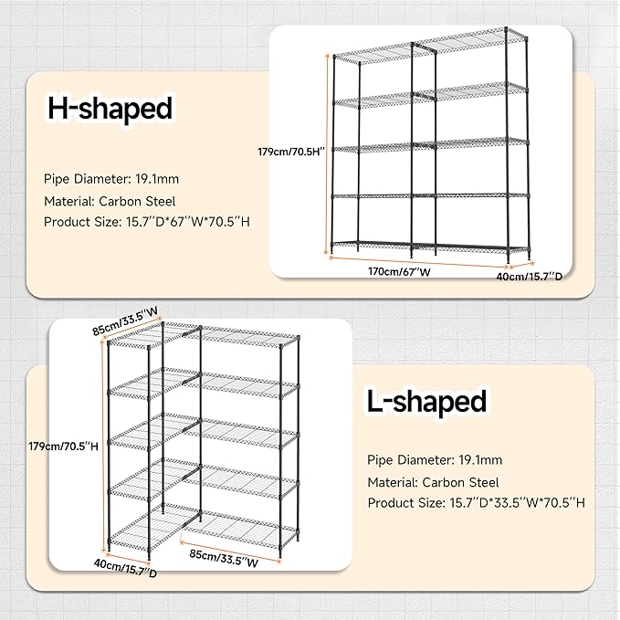 5 Tiers Storage Shelves Load 1500LBS, Metal Shelving Wire Metal Shelving Unit Shelves for Storage Adjustable Garage Shelving for Pantry Kitchen Garage Black 15.8" D x 33.5" W x 70.5" H