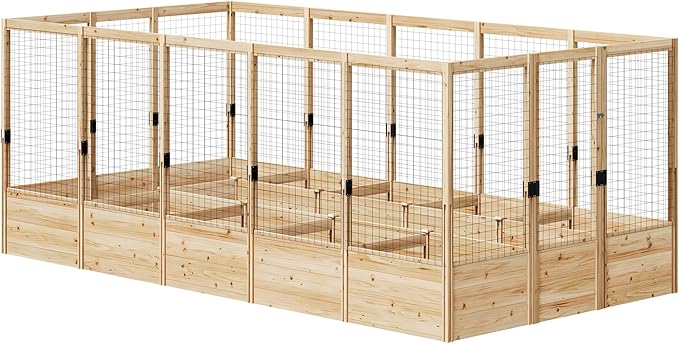 AMERLIFE U-Shaped Raised Garden Bed with Deer Proof Fence, 7.5Wx15Dx6H Outdoor Wooden Raised Garden Bed Planter with 19" Depth Planter Box