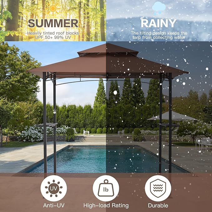 AECOJOY 8' x 5' Outdoor Grill Gazebo Canopy, BBQ Canopy for Outdoor Grill, 2- Tier BBQ Grill Gazebo Shelter for Patio, Backyard and More (Brown)