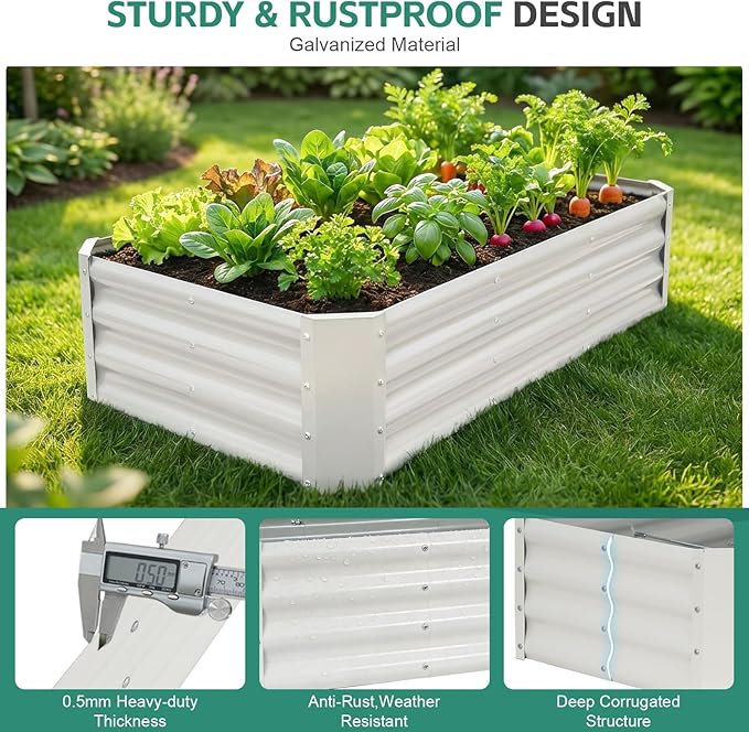 Galvanized Raised Garden Bed - 4x2x1ft Metal Garden Planter Box Outdoor | Steel Raised Bed Kit with Bracing Rods, Gloves for Gardening Vegetables Fruits and Flowers (White)