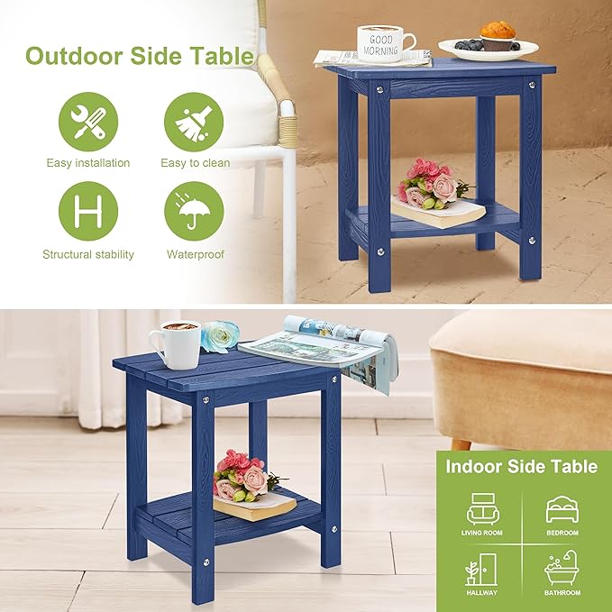 Y&M Outdoor Side Table, HIPS Adirondack Small Double Layer Table, Waterproof Square Outside Table, Balcony End Tables for Patio, Pool, Porch, Deck, Indoor or Outdoor Use, Navy Blue