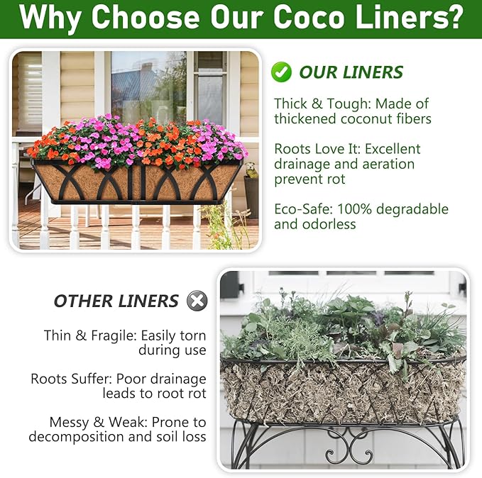 Riare 2 Pack 36 Inch Rectangle Coconut Liners for Planters, Natural Coconut Fiber Planter Liners, Window Box Liner Trough Coco Liner for Outdoor Flower, Garden Wall, Deck & Fence Planter Boxes