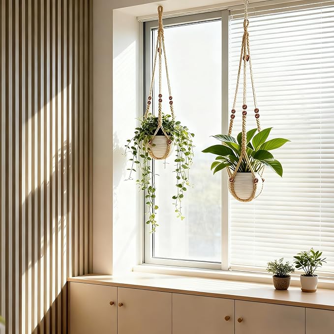 35 Inch Macrame Plant Hanger, Large for up to 15 Inch Pot Extra Long Hanging Planter Holder Basket with Wood Beads for Indoor Outdoor Home Decor (Brown, 1-Pack)