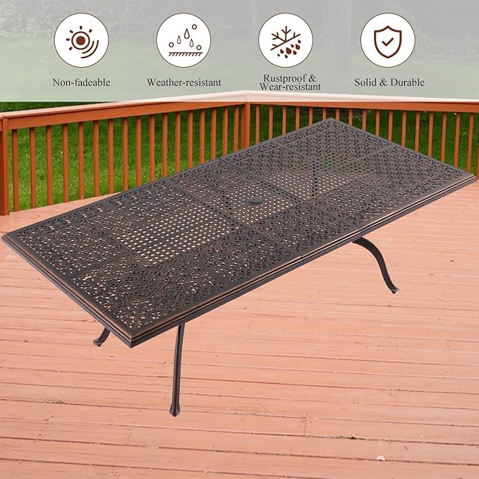 87" Cast Aluminum Outdoor Dining Table – Rectangular Red Copper Patio Table with Strawberry & Leaf Design, 2" Umbrella Hole, Weather-Resistant for Garden, Backyard, and Lawn