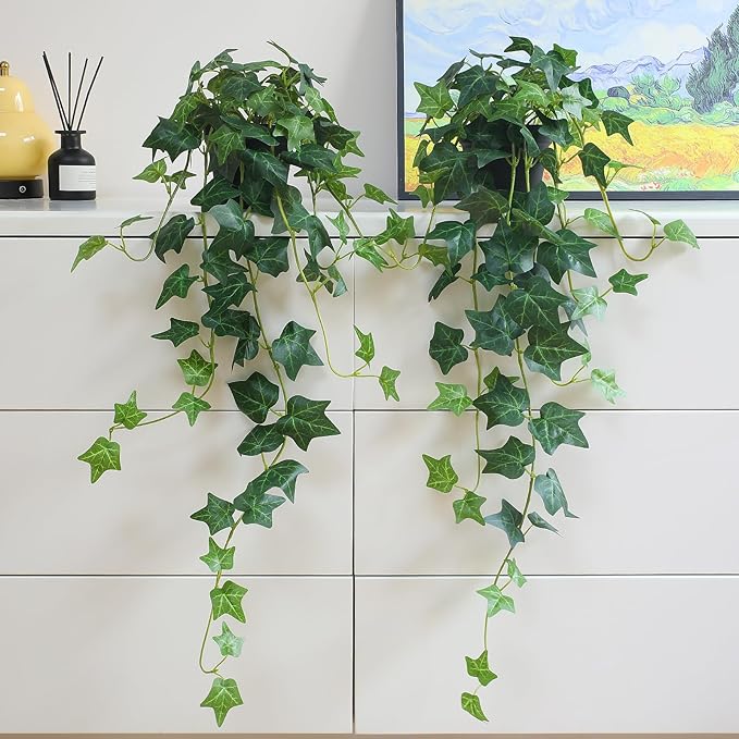 Fake English Ivy Plants in Pots Set of 2 – Realistic Artificial Ivy Greenery for Home Decor, Tabletop, Office, Shelf, Balcony or Bathroom – Lifelike Faux Hanging Vines, No Maintenance Required