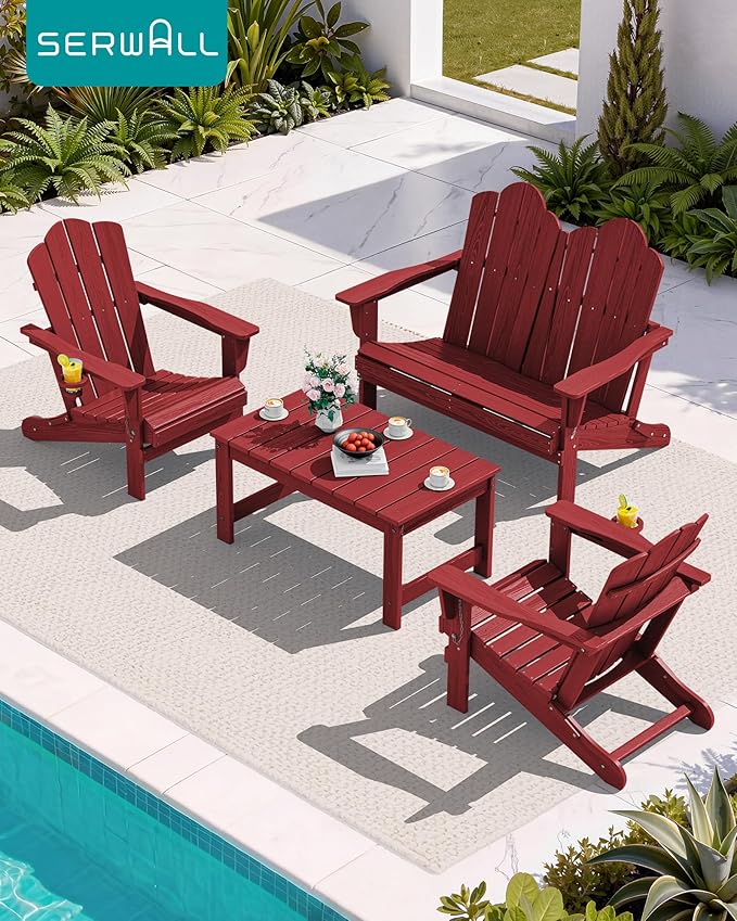 SERWALL Outdoor Coffee Table with 1.69" Umbrella Hole, HDPE Patio Coffee Table for Outside, Rectangle, Red