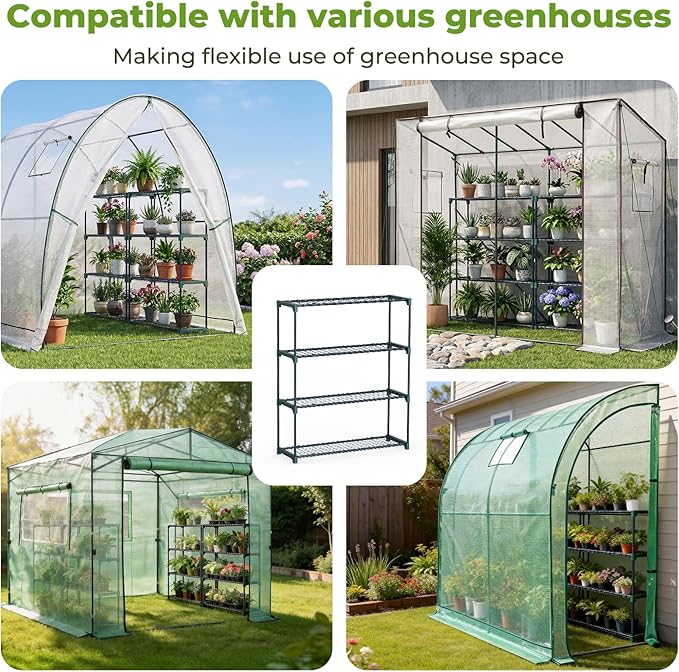 Ohuhu Plant Greenhouse Shelves 4 Tier 2 Pack Extra-Wide Stable Green House Shelving for Outdoor, 35x12x42 Inch Portable Rustproof Metal Shelf Plant Stand Rack Greenhouse Accessories
