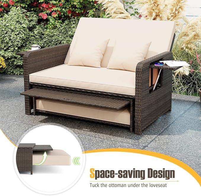 LDAILY Moccha Outdoor Daybed, Wicker Loveseat Sofa Set with 4-Postion Adjustable Backrest, Storage Ottoman, Cushions, Rattan Double Bed Lounger, Patio Furniture Set (Beige)