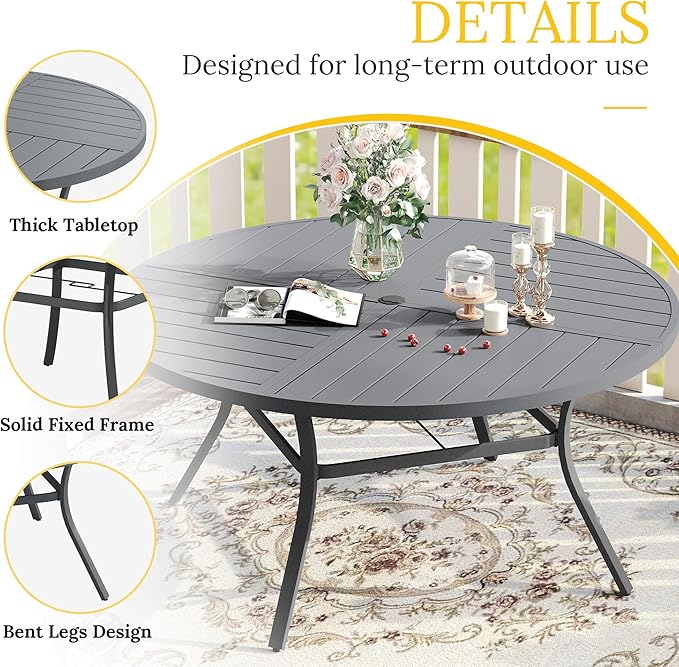 VICLLAX Round Patio Table with Adjustable Umbrella Hole for 6, All Weather Metal Outdoor Dining Table for Lawn Garden, 50" Outdoor Coffee Table, Grey Tabletop