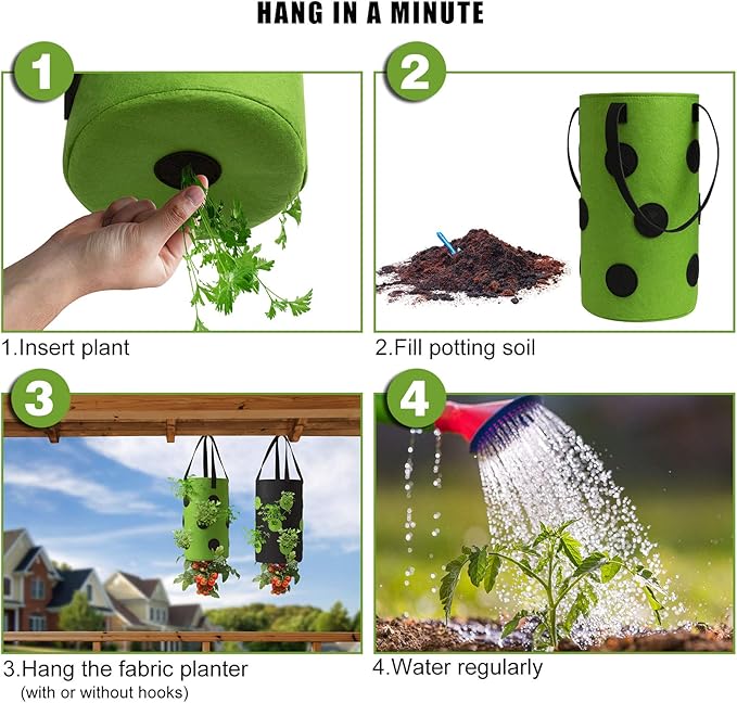 2 Pack Black and Green Upside Down Tomato & Herb Planter, Hanging Durable Aeration Fabric Strawberry Planter Bags