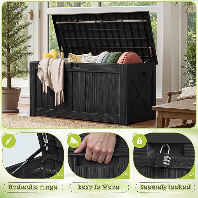 Devoko 125 Gallon Outdoor Storage Box, Waterproof Resin Deck Box for Patio Furniture, Lockable Container for Garden Cushions & Pool Supplies (Black, 125 Gallon)