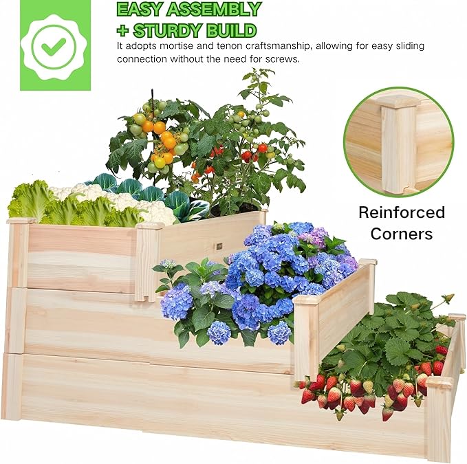 3-Tier Raised Garden Bed with Fabric Liner, Wood Elevated Planter Box with Dovetail Joint Design, 3 Dividable Bed Kit for Vegetables/Herbs/Flowers, Outdoor Gardening for Patio, Lawn, Balcony