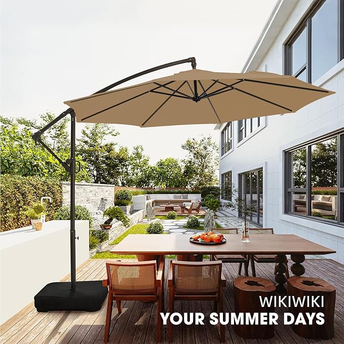 wikiwiki 10ft Patio Umbrella with Base Included, Outdoor Offset Cantilever Umbrella with Sandbag Base for Backyard, Garden and Pool, Easy to Tilt and Crank, Tan