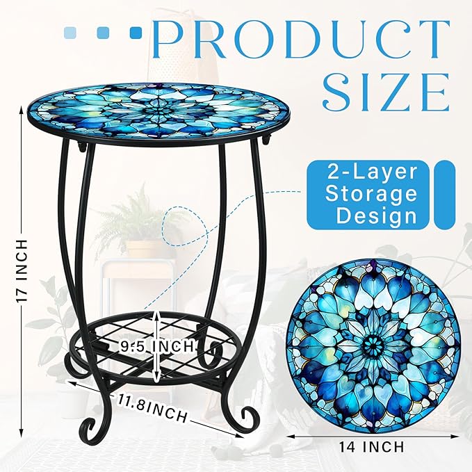 Outdoor Side Table Round Small Mosaic Patio Accent Indoor End Plant Coffee Tea Table for Yard Patio Porch Garden Living Room, Bedroom(Mandala Flower Style,14 Inch)