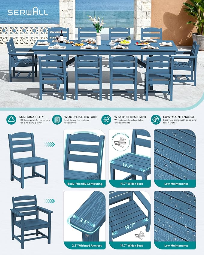 SERWALL 11 Piece Outdoor Dining Set, 84" HDPE Outdoor Table and Chairs for 10，All Weather Patio Furniture Set with Umbrella Hole for Backyard, Garden, Blue