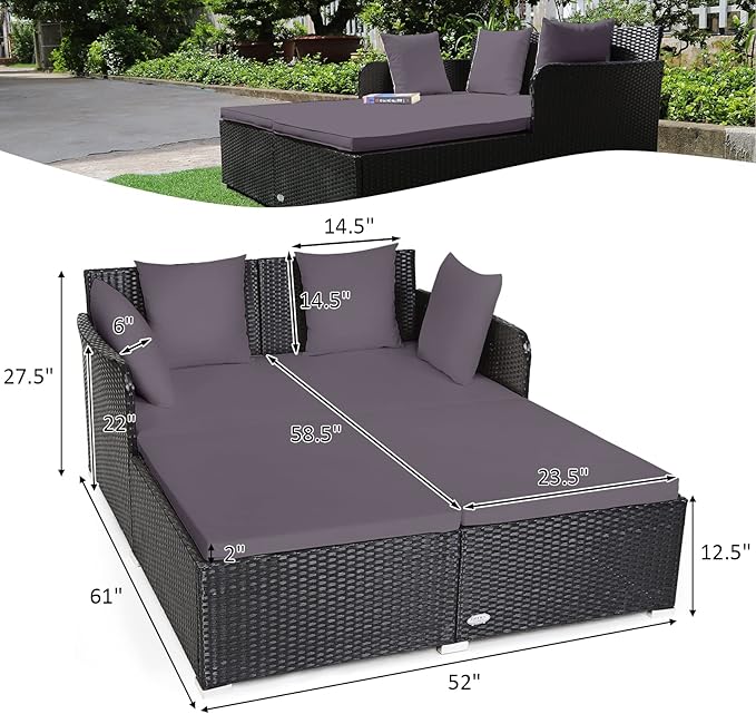 COSTWAY Outdoor Patio Rattan Daybed, Sponge Cushioned Loveseat Sofa with 4 Pillows, Wicker Furniture Sunbed for Balcony, Courtyard (Grey)