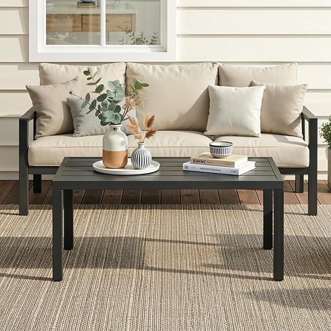 ONBRILL Outdoor Metal Coffee Table, 36 Inch Patio Black Coffee Table for Porch, Backyard, Poolside, Balcony