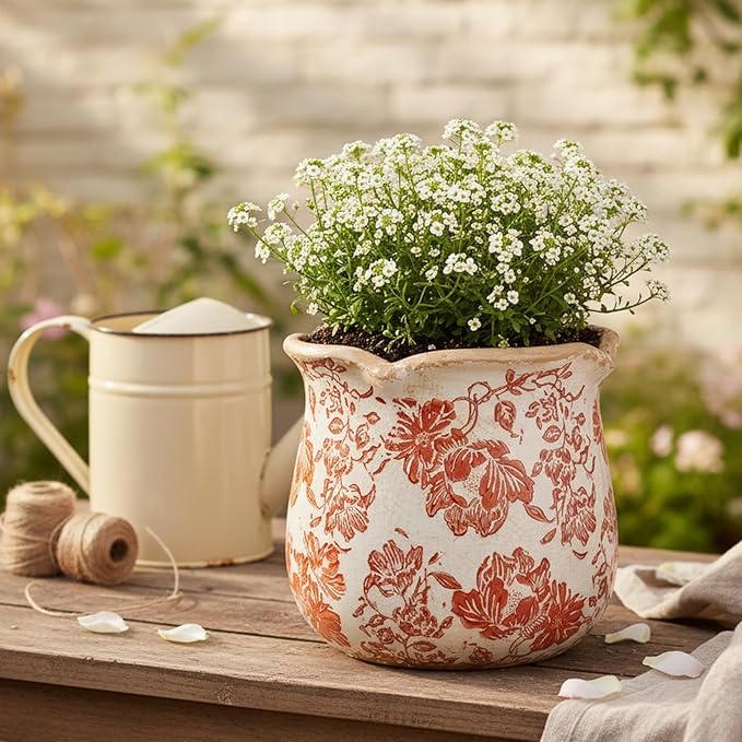 Country Farmhouse Planters for Spring Decor, 6.11 Inch Vintage Distressed Ceramic Plant Pot with Drainage for Indoor Plants, Terracotta Pots & Italian Tuscan Decor, Gardening Gifts (Red Flower)