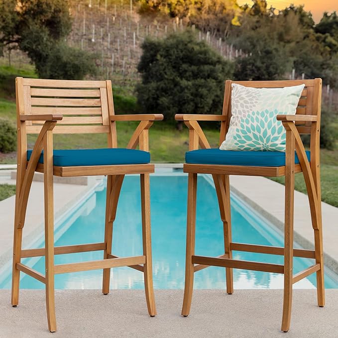 Best Choice Products Set of 2 Outdoor Acacia Wood Bar Stools Bar Chairs for Patio, Pool, Garden w/Weather-Resistant Cushions - Peacock Blue
