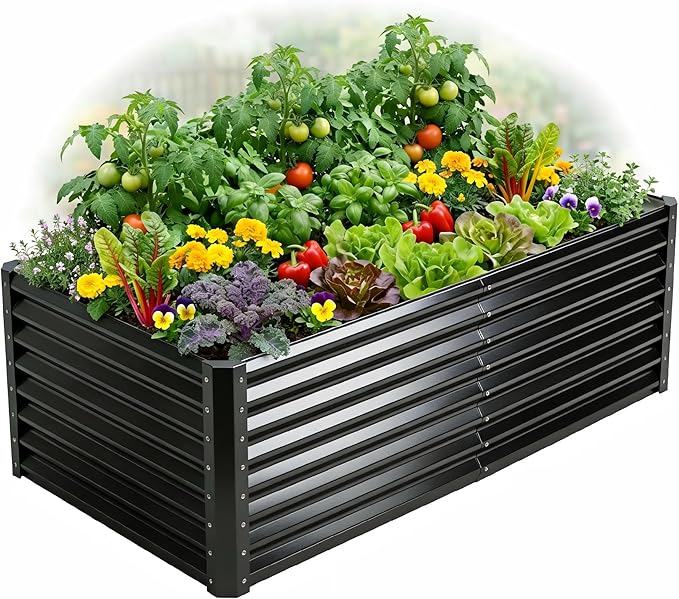 Galvanized Raised Garden Bed Kit Outdoor Patio,6x3x2ft Large Rectangular Metal Planter Boxes,Deep Root Box Planter for Gardening, Vegetables, Flowers, Herbs, 1 Pack, Black