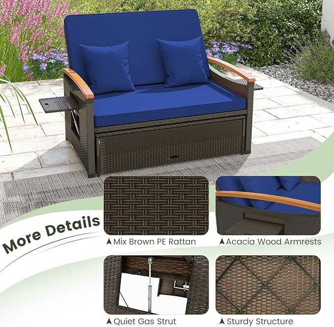 Tangkula Patio Rattan Daybed with 4-Level Adjustable Backrest, Outdoor Wicker Loveseat with Acacia Wood Armrest, Storage Ottoman & Folding Tray, Double Sunbed for Balcony, Backyard & Poolside (Navy)