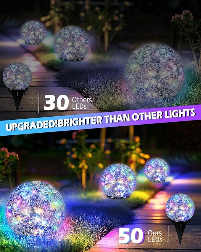 Coroor Garden Solar Ball Lights Outdoor Waterproof, 50 LED Cracked Glass Globe Solar Power Ground Lights for Path Yard Patio Lawn, Outdoor Decoration Landscape Colorful(2 Pack 4.7'')