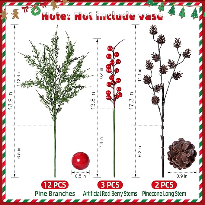 Faux Cedar Stems Artificial Norfolk Pine Branches for Christmas Decorations, 17 PCS Faux Pine Stems with Pinecones Red Berries Branches Realistic Faux Greenery for Vases DIY Garland Xmas Table Indoor