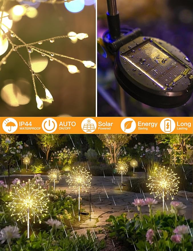 suddus Solar Garden Lights Outdoor Waterproof Decorative, 4Pack 150LED Firework Lights, Solar Fairy Lights for Yard, Garden, Party, Patio, Pathway, Flowerbed, Wedding - Warm White