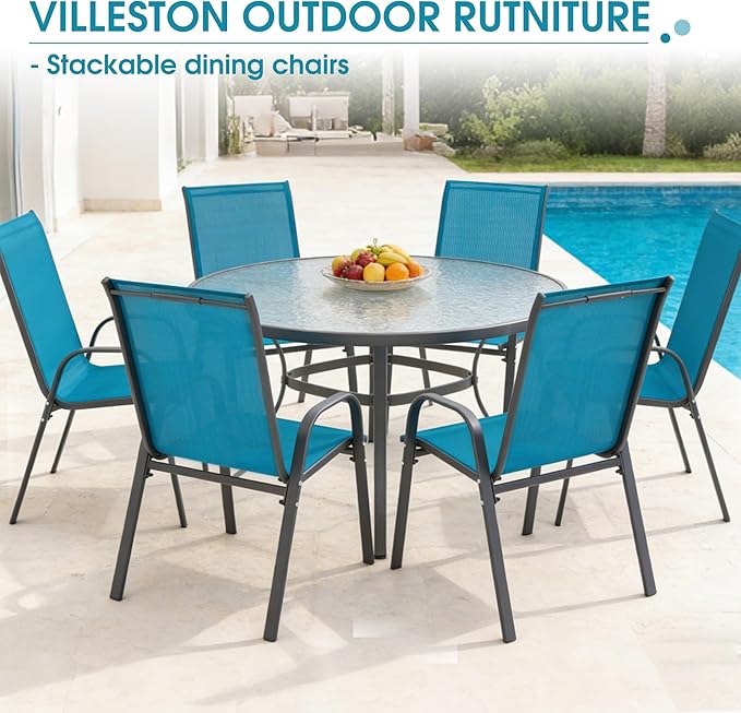 Outdoor Stackable Chairs Set of 6, Stacking Patio Chairs with Textilene Fabric, Outside Furniture for Garden Backyard Balconie Poolside Deck, Blue