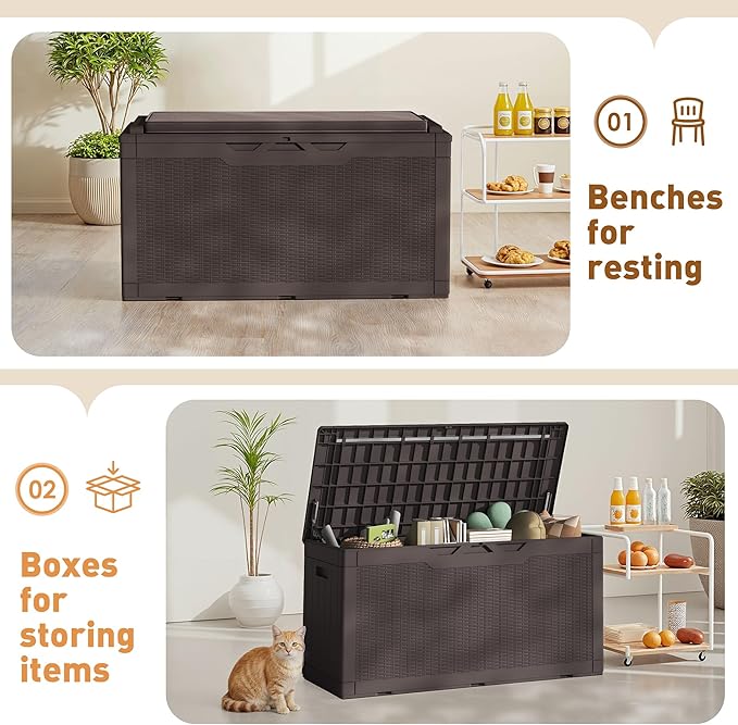 Greesum 100 Gallon Resin Deck Box Large Outdoor Storage Boxes with Cushions for Garden Tools, Patio Furniture Pillows, Pool Supplies, Dark Brown
