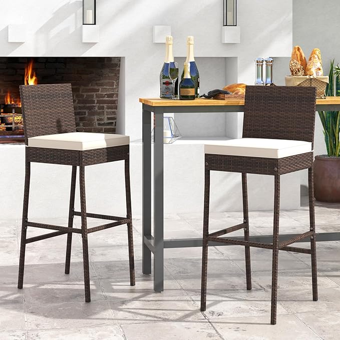 HAPPYGRILL Wicker Patio Barstools Set of 2, Outdoor Rattan Bar Chairs with Footrest & Backrest, Armless High Top Chairs with Seat Cushions for Backyard, Balcony