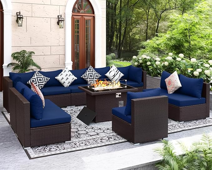 NICESOUL Modern Outdoor Patio Sectional Sofa Set with Firepit Natural Gas/Propane, 29.3'' High Back Wicker Conversation Set, 10 Seats Large Deep Seating Furniture, Brown Rattan and Navy Blue Cushion
