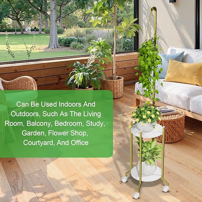 Plant Stand Indoor, 2 Tier Hanging Tall Plant Shelf with Wheels, 3 Potted Corner Flower Stand Metal Plant Holder, Plant Shelves for Living Room, Bedroom, Patio, Outdoor, Gold