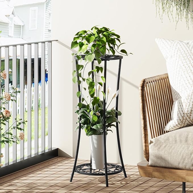 YINMIT Plant Stand Indoor Outdoor, 2 Tier Metal Potted Holder Rack, Flower Pot Stand Shelf, Heavy Duty Round Supports Rack, Corner Plant Shelf for Balcony Garden Patio Living Room (Black-Iron)
