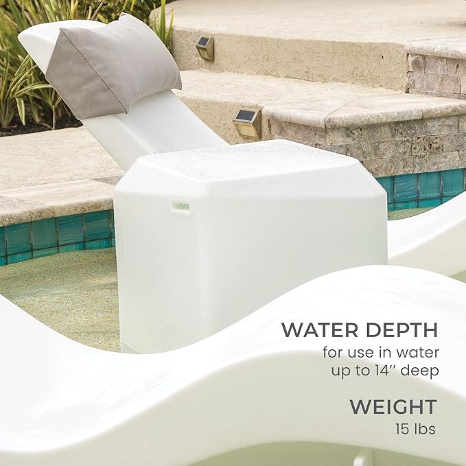 Aqua Outdoors in-Pool DEEP Ledge Chaise Set - Two Chaises - Two Headrest Pillows - Chaise Risers and One Large in Pool Side Table - for ledges 9"-14" inches Deep (Classic White-Blue)