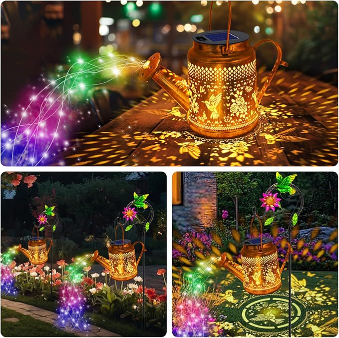2 Pack Solar Lanterns Outdoor Waterproof,Hummingbird Watering Can Garden Decor,Hanging Solar Path Lights Yard Art,Outside Patio Decorations Gardening Christmas Gifts for Mom Grandma Women (with Hook)